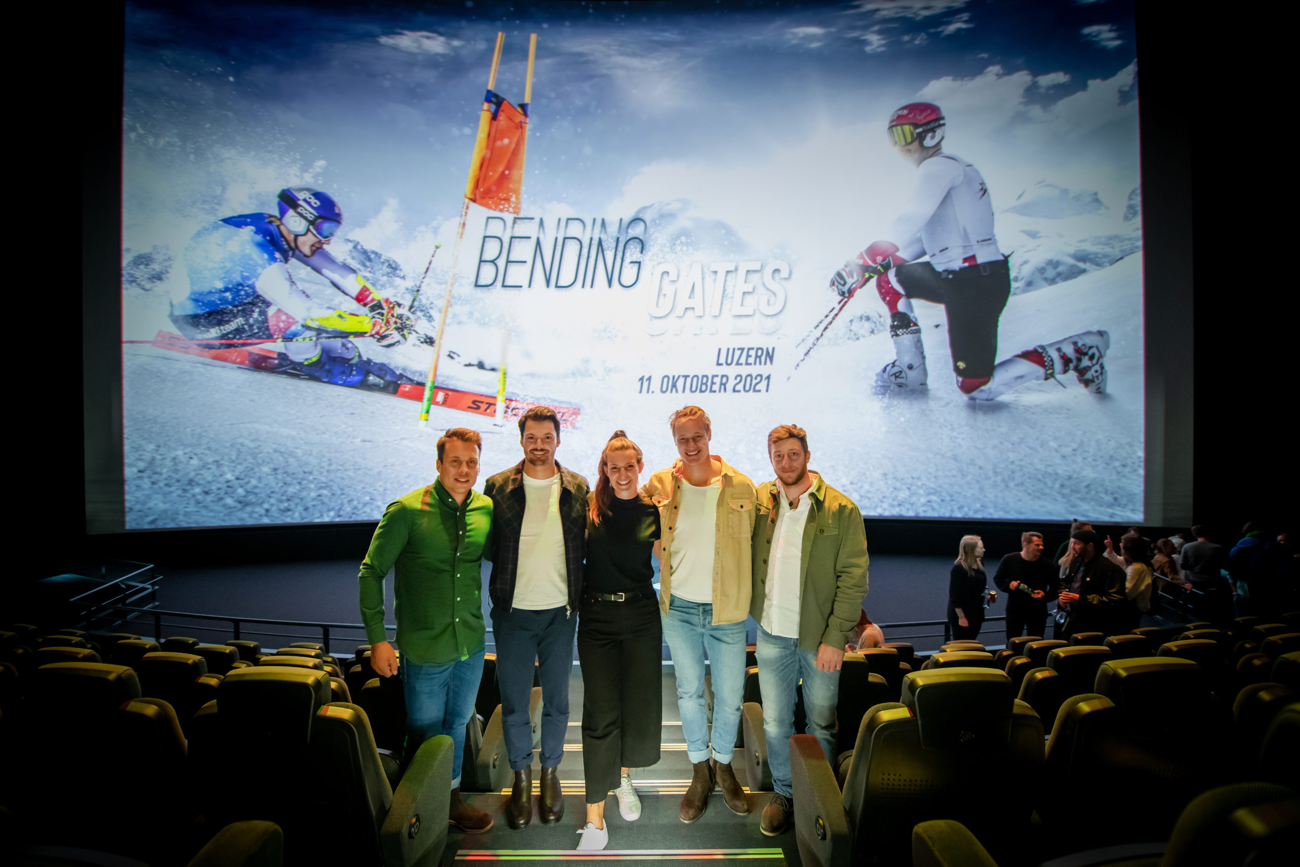 The pre-screening of �Bending Gates� with Swiss skiers (L-R) Gino Caviezel, Loic Meillard, Producer Amelie Stiefvatter, Marco Odermatt and Justin Murisierat the Swiss Museum of Transport (Verkehrshaus) in Lucerne, Switzerland, on 11 October 2021. // SI202110120110 // Usage for editorial use only //