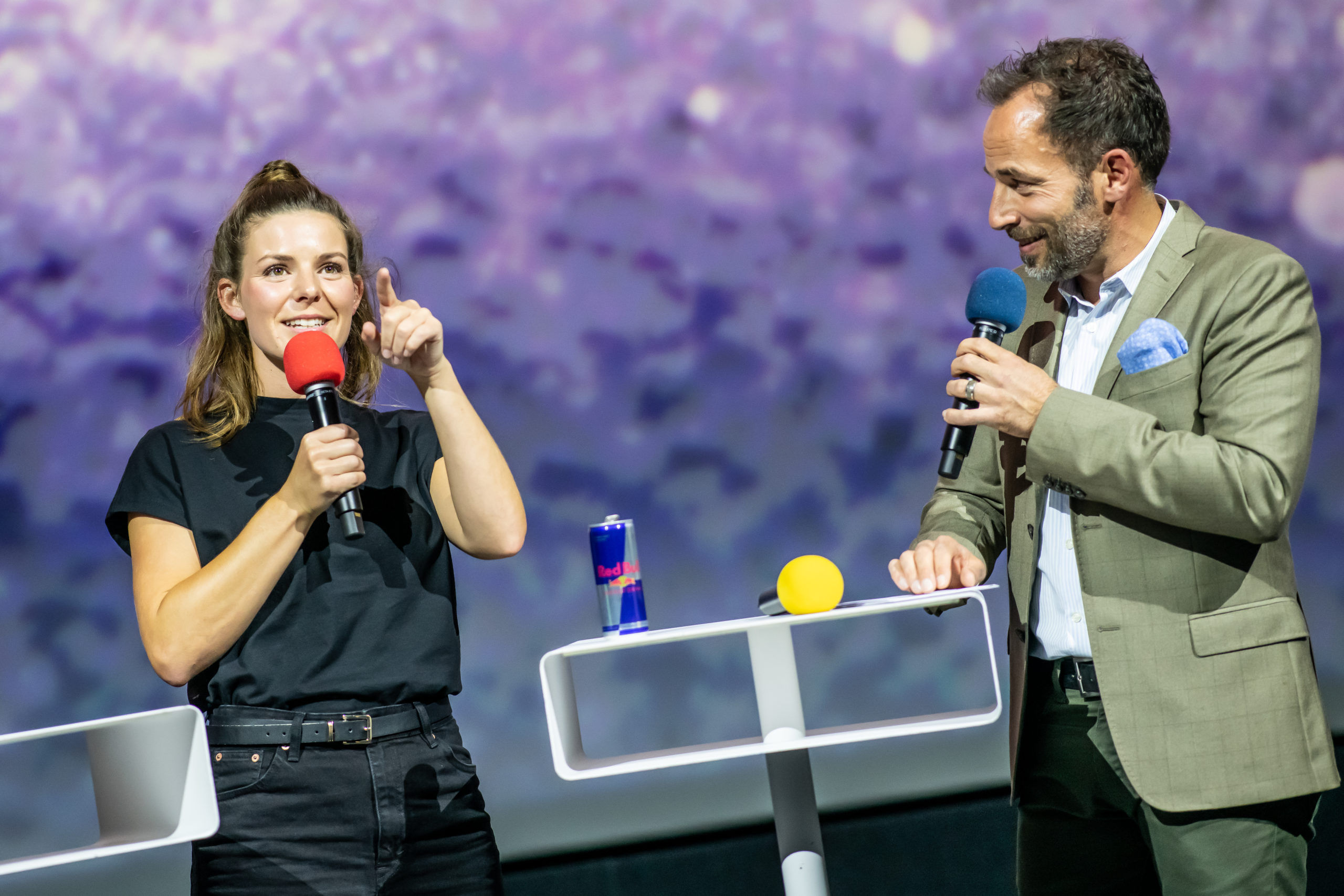 Producer Amelie Stiefvatter talks with presenter Christian Graf during the pre-screening of �Bending �Gates at the Swiss Museum of Transport (Verkehrshaus) in Lucerne, Switzerland, on 11 October 2021. // SI202110120126 // Usage for editorial use only //